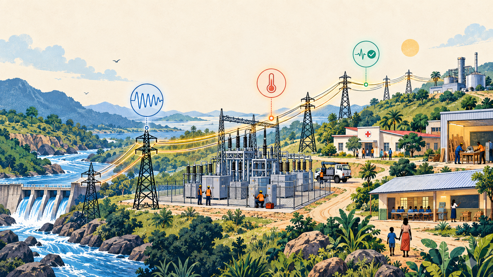 Illustrated power corridor connecting a substation, communities, and productive infrastructure