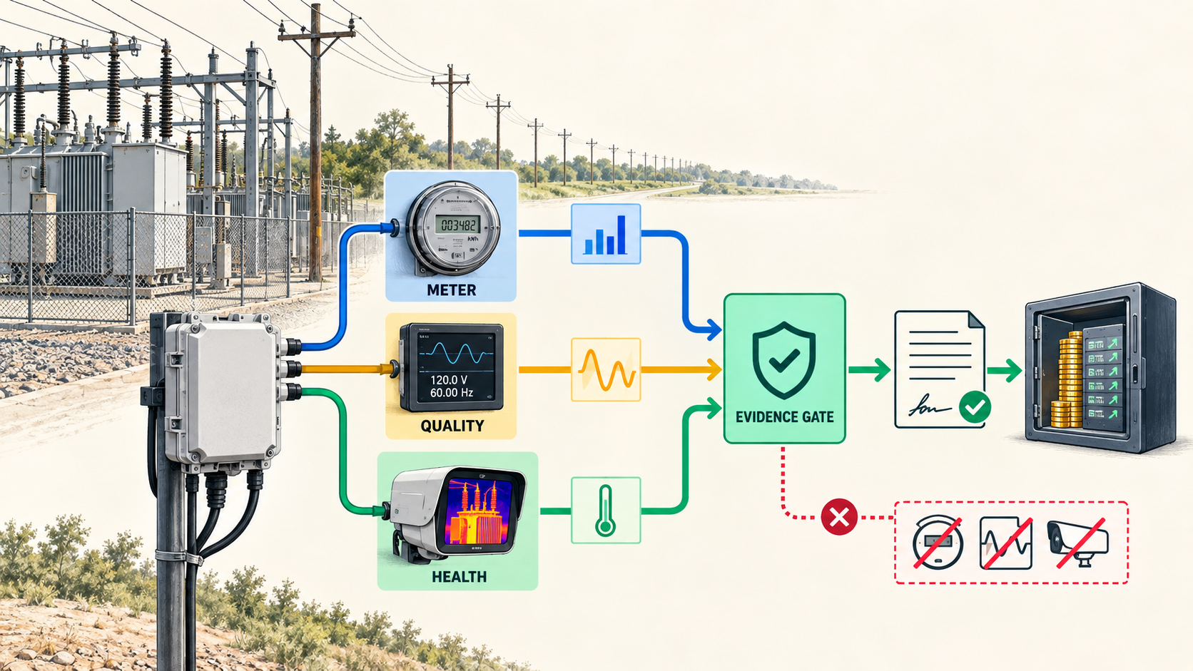 A sensor evidence chain: service meter, power quality monitor, and asset health checks converge into a proof gate and signed record